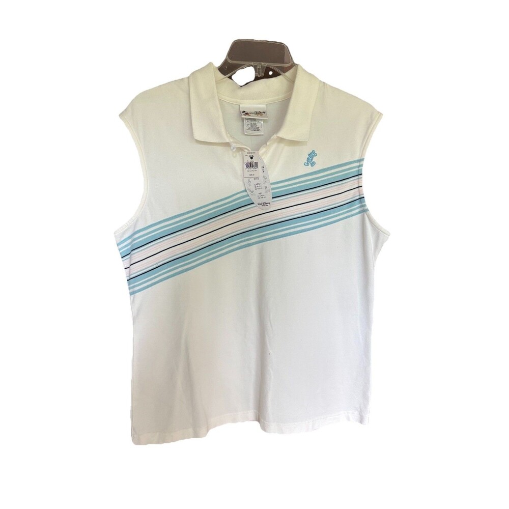 Disney Shirt Women L Sleeveless White Blue Stripe Cotton Mickey Mouse Brand New!